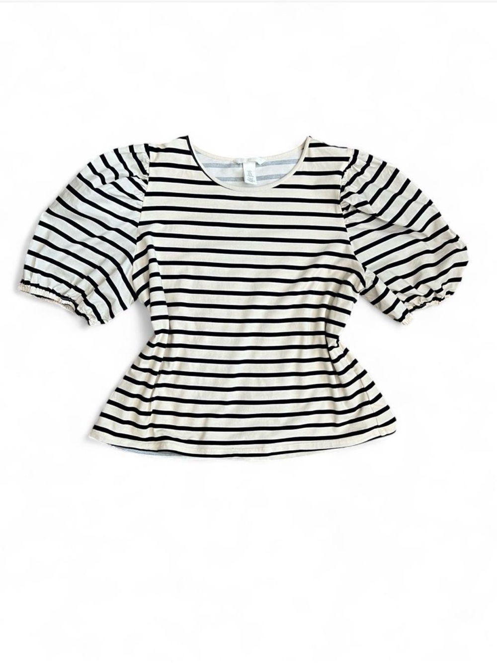 H&M Black & White Striped Puff Sleeve Peplum Top